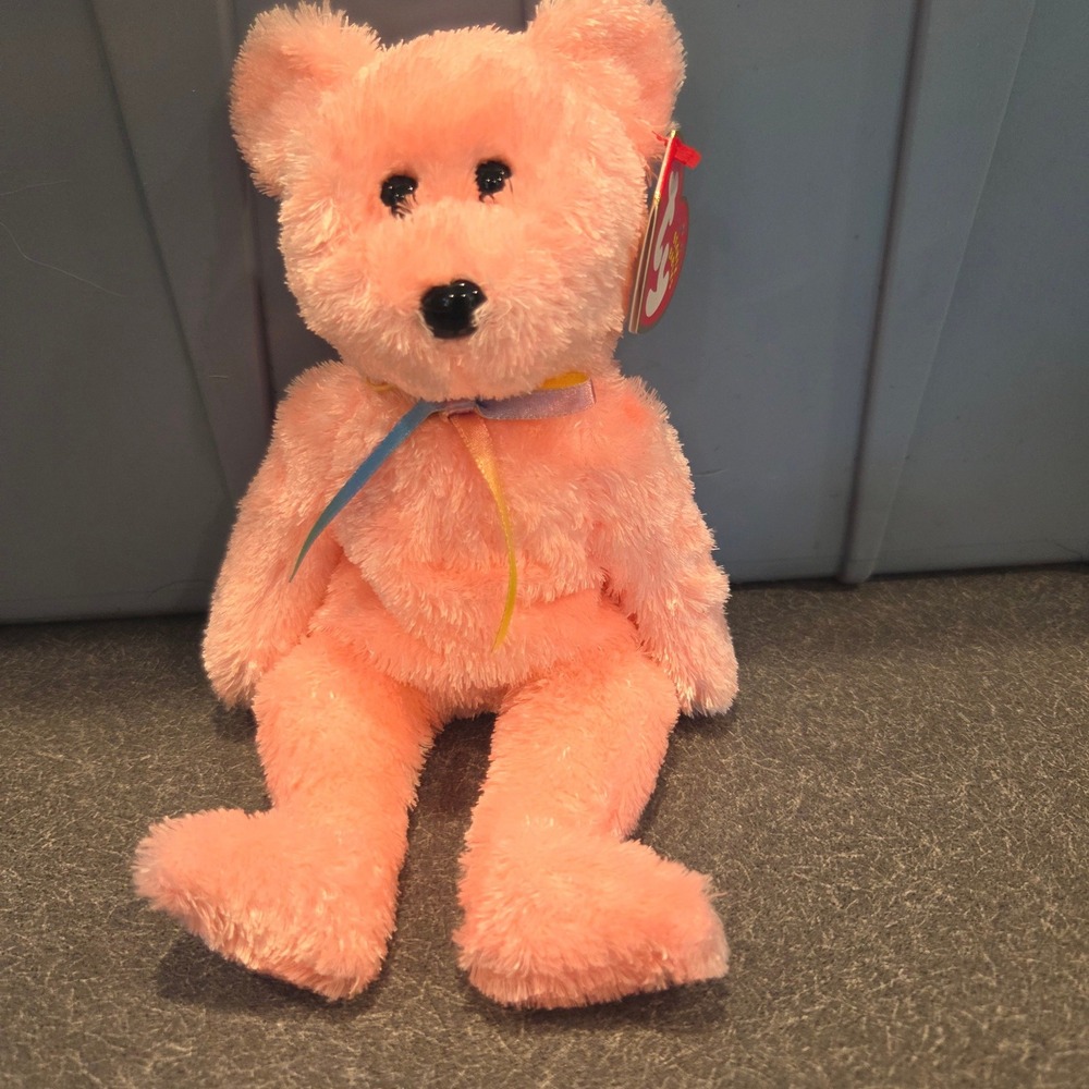 Ty Beanie Babies Sherbet Bear Plush Pink Small Excellent Rainbow Ribbon 2002